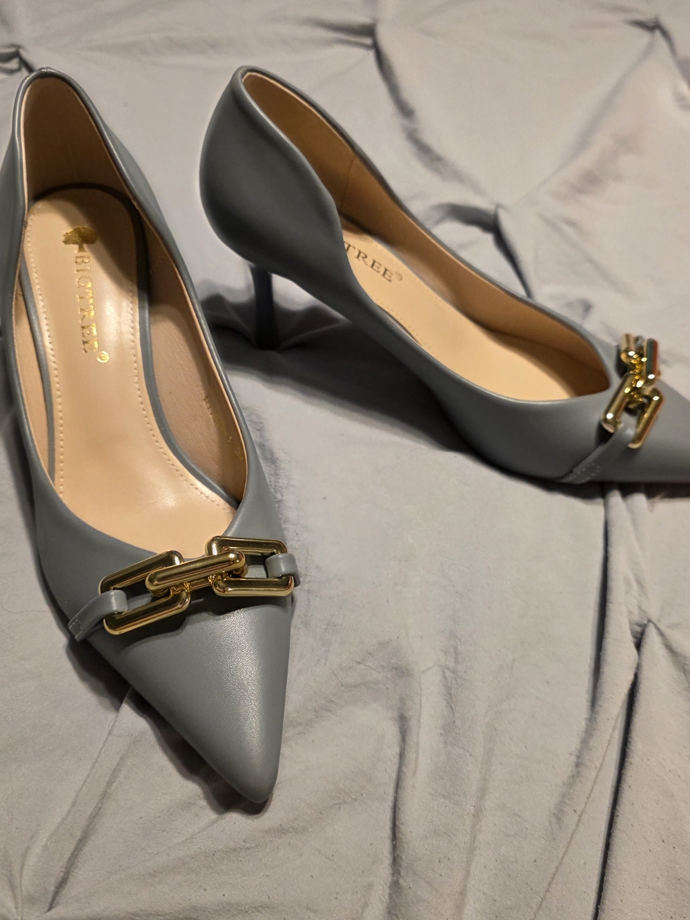 Pointed Gray Mid-Heel Pumps with Gold Chain Accent by Talbots